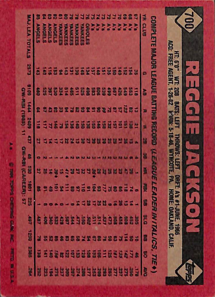FIINR Auctions Baseball Card 1986 Topps Reggie Jackson Baseball Card #700 - Mint Condition