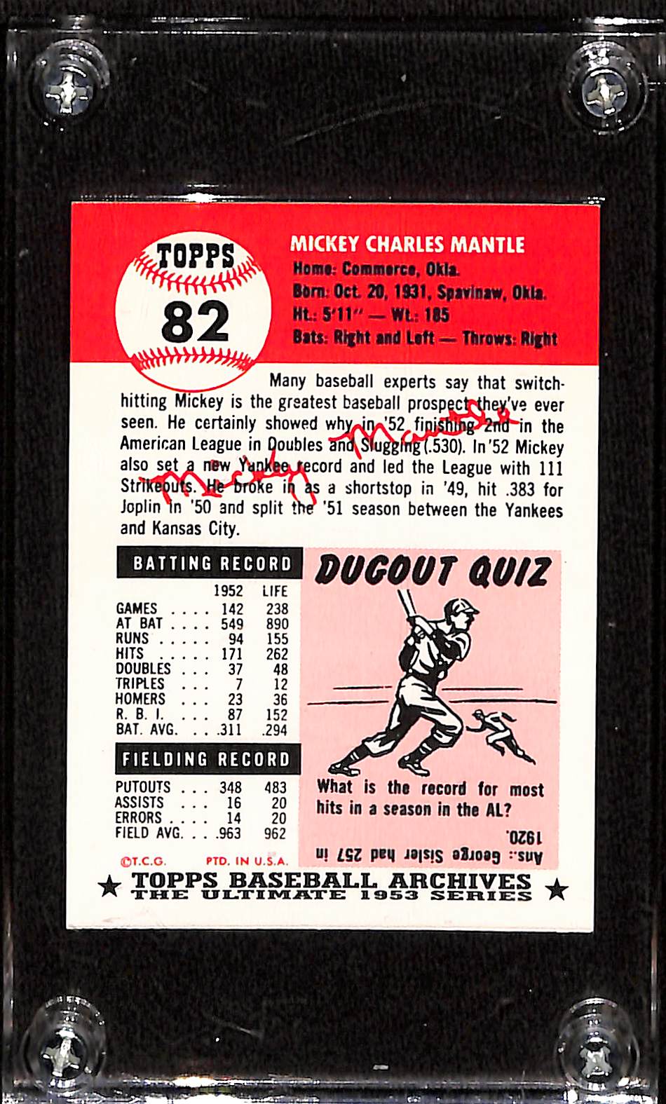 FIINR Baseball Card 1953 Topps Mickey Mantle Baseball Player Card #82 - Mint Condition - Very Very Very Rare