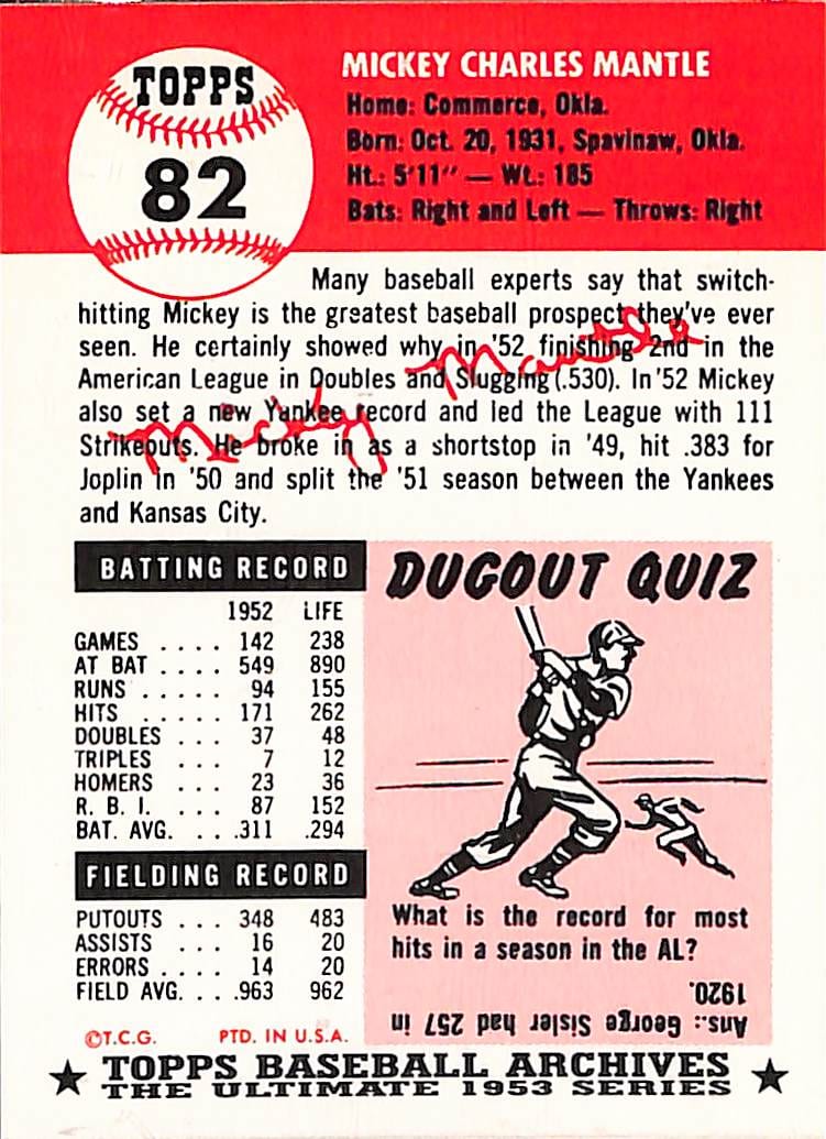 FIINR Baseball Card 1953 Topps Mickey Mantle Baseball Player Card #82 - Mint Condition - Very Very Very Rare