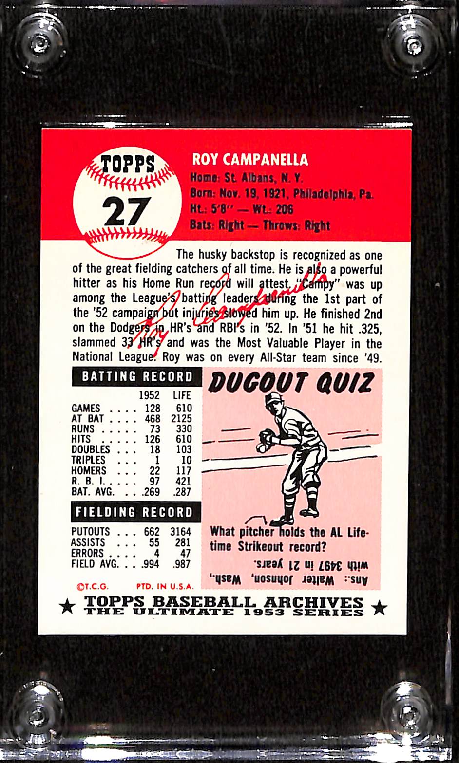 FIINR Baseball Card 1953 Topps Roy Campanella Baseball Card Brooklyn Dodgers Card #27 - Pristine - Mint Condition