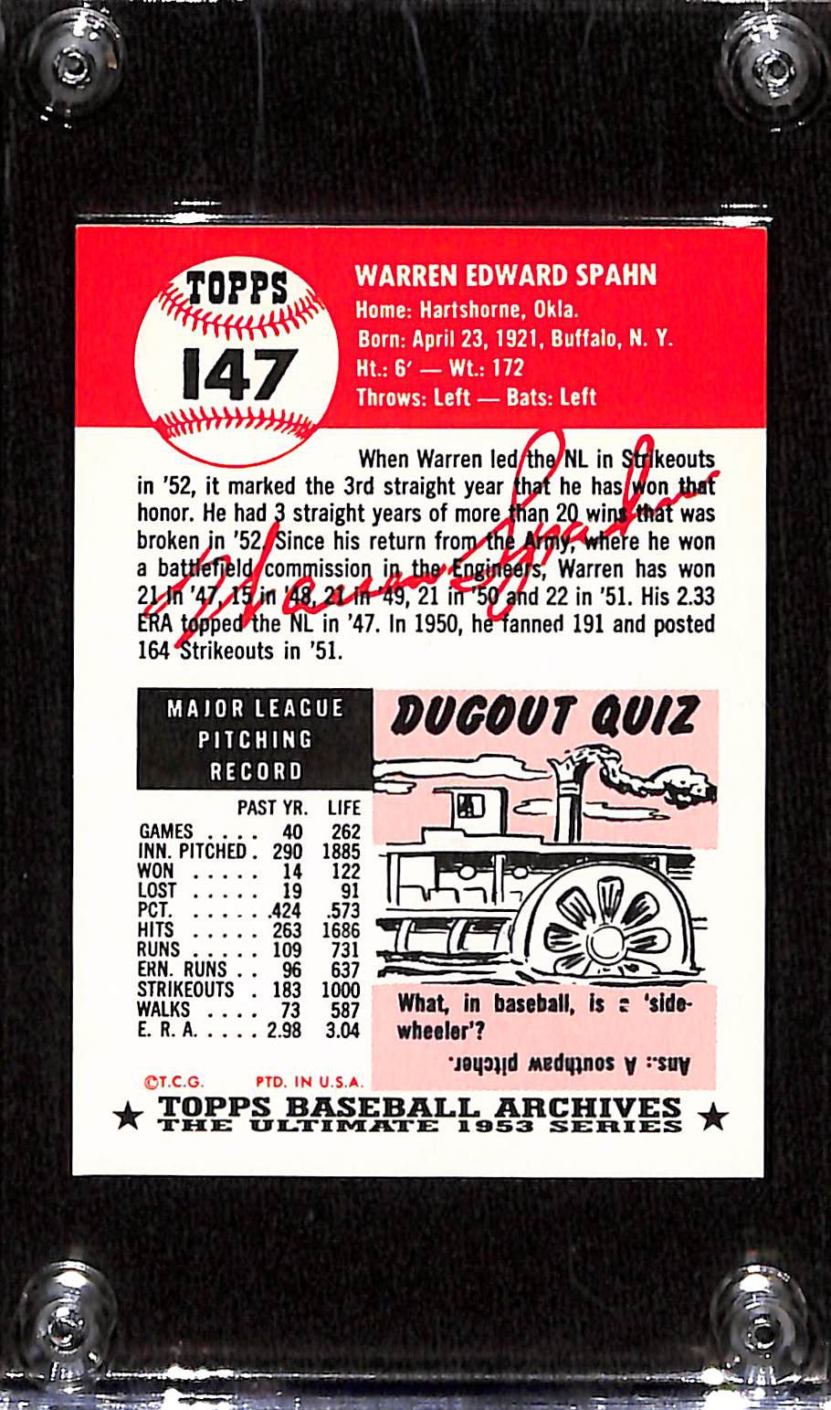 FIINR Baseball Card 1953 Topps Warren Spahn Baseball Card #147 Boston Braves Hof Hall Of Fame - Prestine - Mint Condition