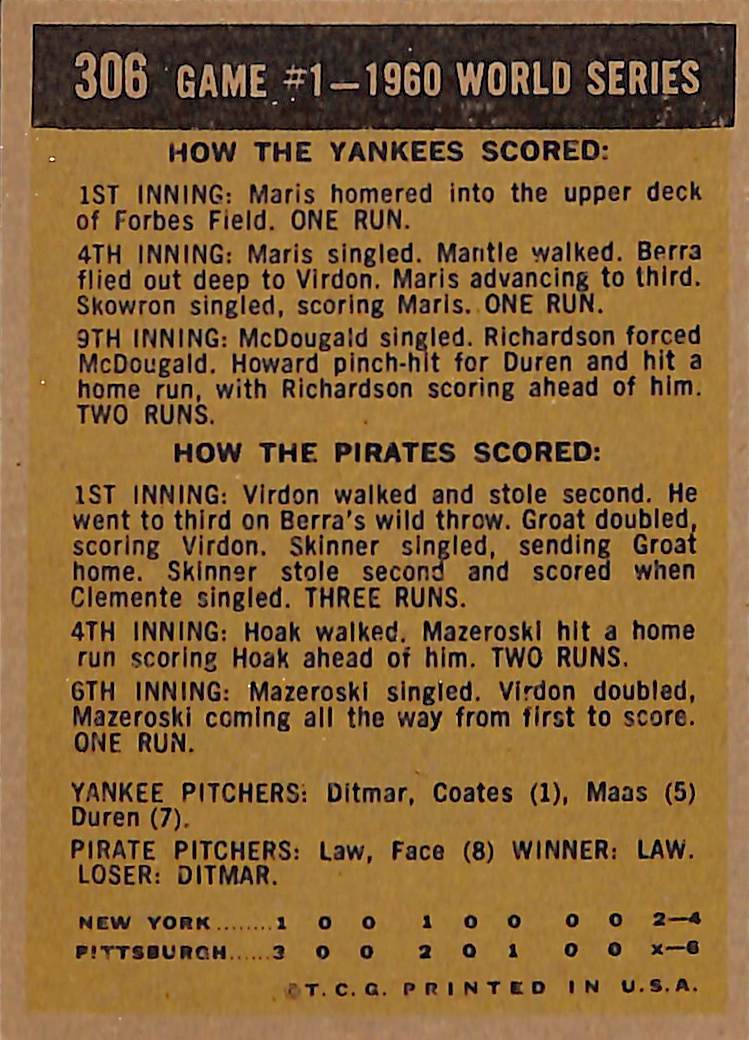 FIINR Baseball Card 1960 Topps World Series Game 1 Vintage Baseball Card Between The Pittsburgh Pirates and NY Yankees #306 - Mint Condition