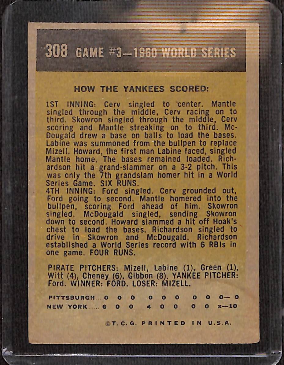 FIINR Baseball Card 1960 Topps World Series Game 3 Vintage Baseball Card Between The Pittsburgh Pirates and NY Yankees #308 - Mint Condition