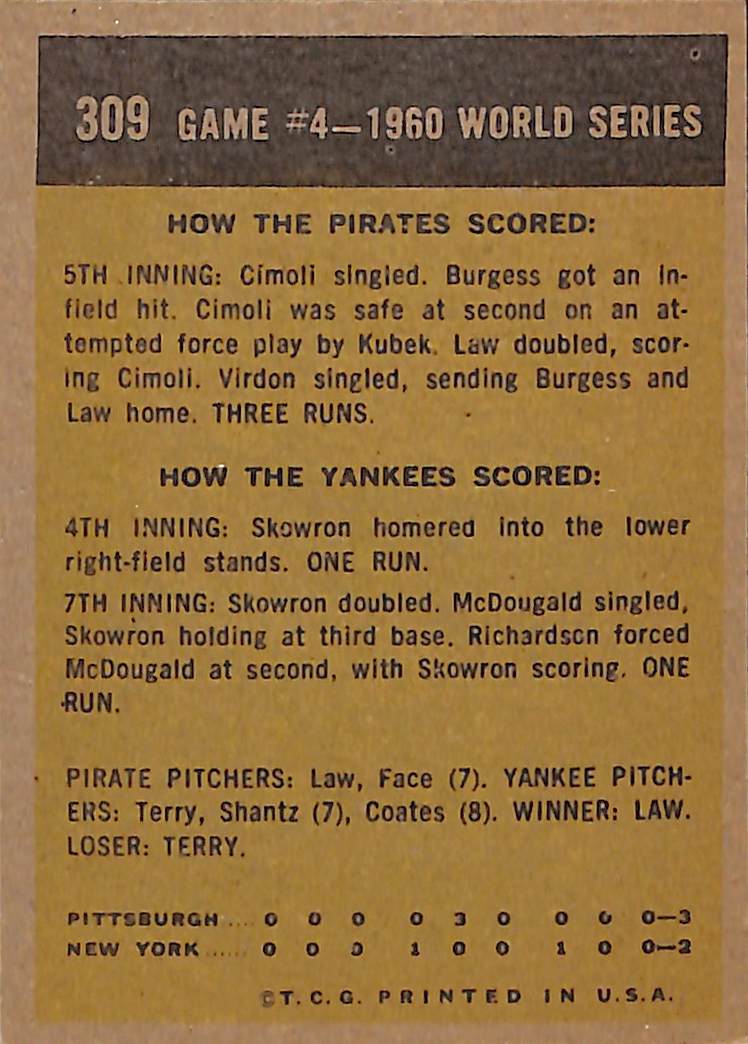 FIINR Baseball Card 1960 Topps World Series Game 4 Vintage Baseball Card Between The Pittsburgh Pirates and NY Yankees #30 - Good Condition