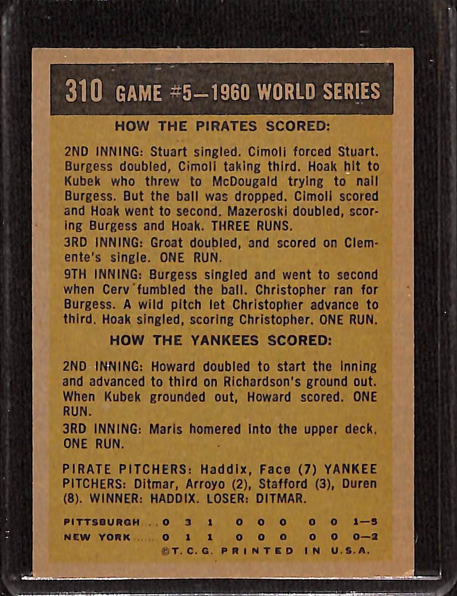 FIINR Baseball Card 1960 Topps World Series Game 5 Vintage Baseball Card Between The Pittsburgh Pirates and NY Yankees #310 - Mint Condition
