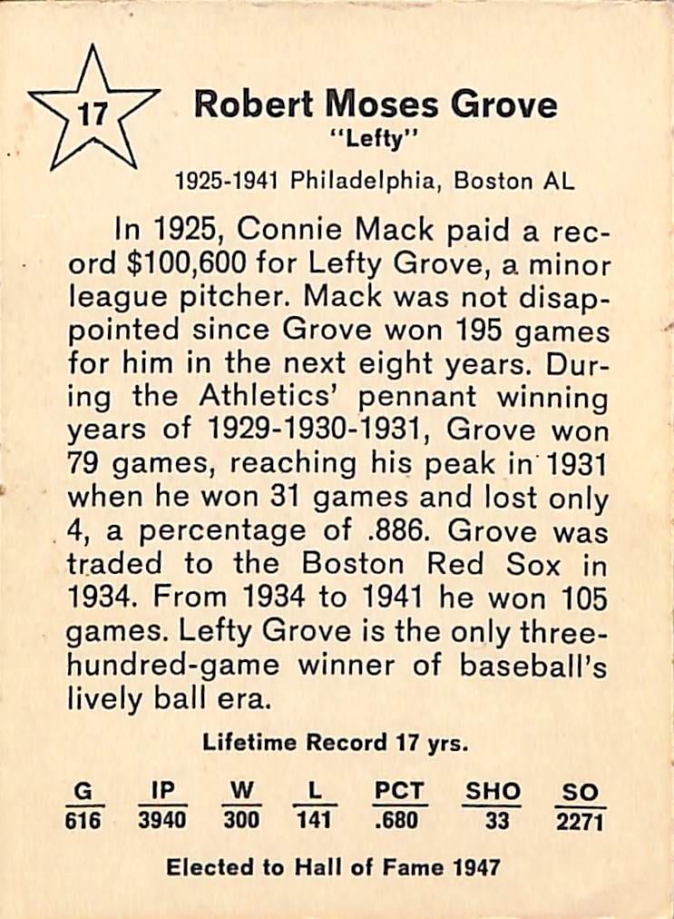 FIINR Baseball Card 1961 Golden Press Lefty Grove #17 Baseball Card - Amazing Condition