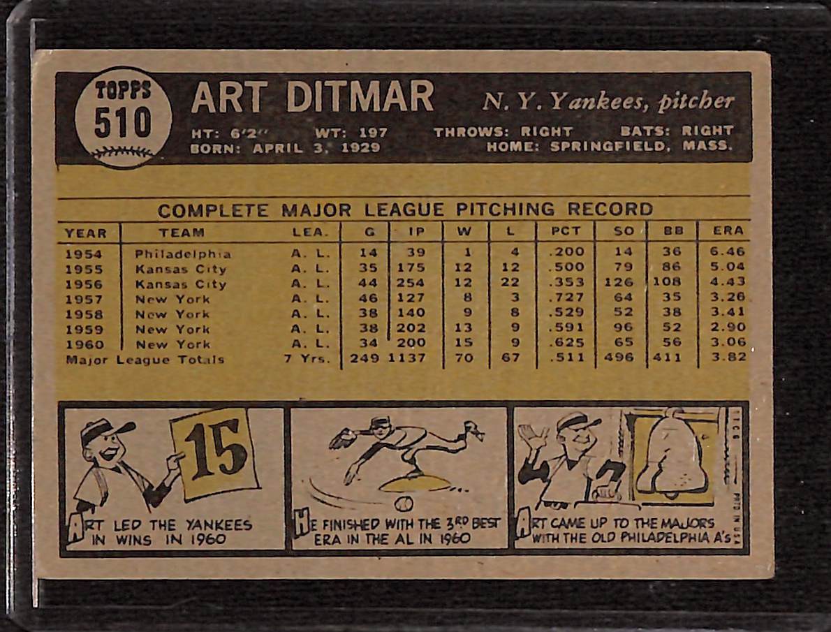 FIINR Baseball Card 1961 Topps Art Ditmar Vintage Baseball Card #510 - Mint Condition