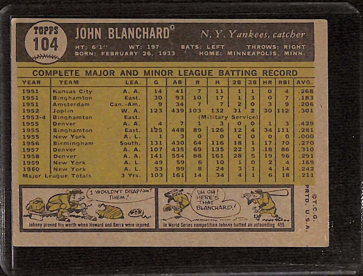 FIINR Baseball Card 1961 Topps John Blanchard Vintage Baseball Card #104 - Mint Condition