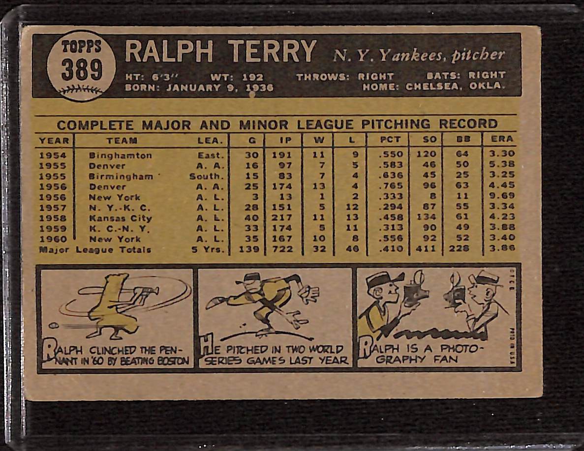 FIINR Baseball Card 1961 Topps Ralph Terry Vintage Baseball Card #389 - Mint Condition