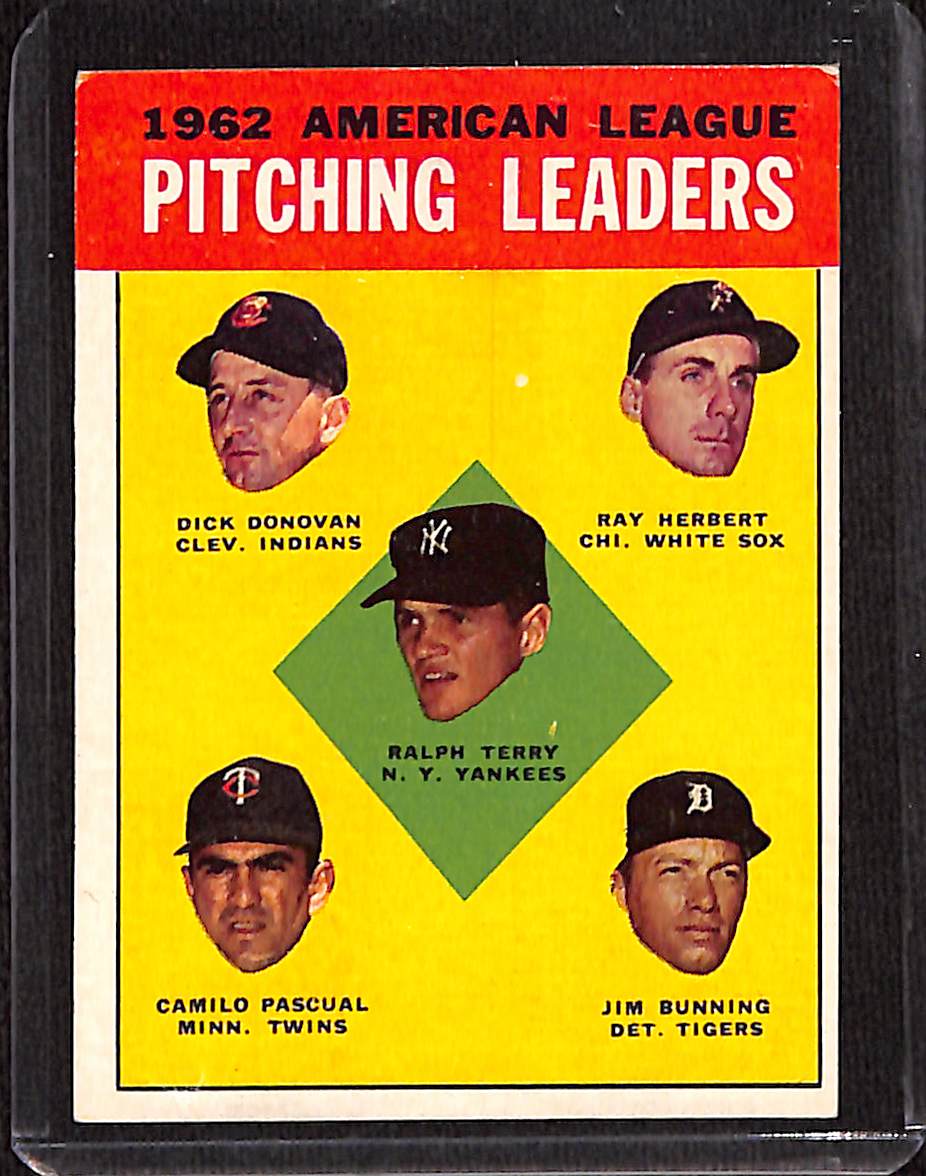 FIINR Baseball Card 1962 Topps Pitching Leaders Vintage Baseball Card - Dick Donovan - Ray Herbert - Ralph Terry - Camilo Pascual - Jim Bunning #8 - Mint Condition