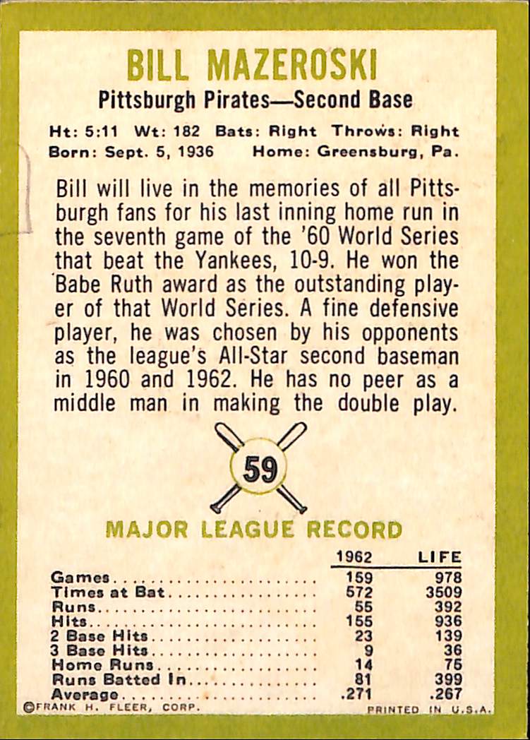 FIINR Baseball Card 1963 Fleer Bill Mazeroski Vintage Baseball Card #59 - Mint Condition