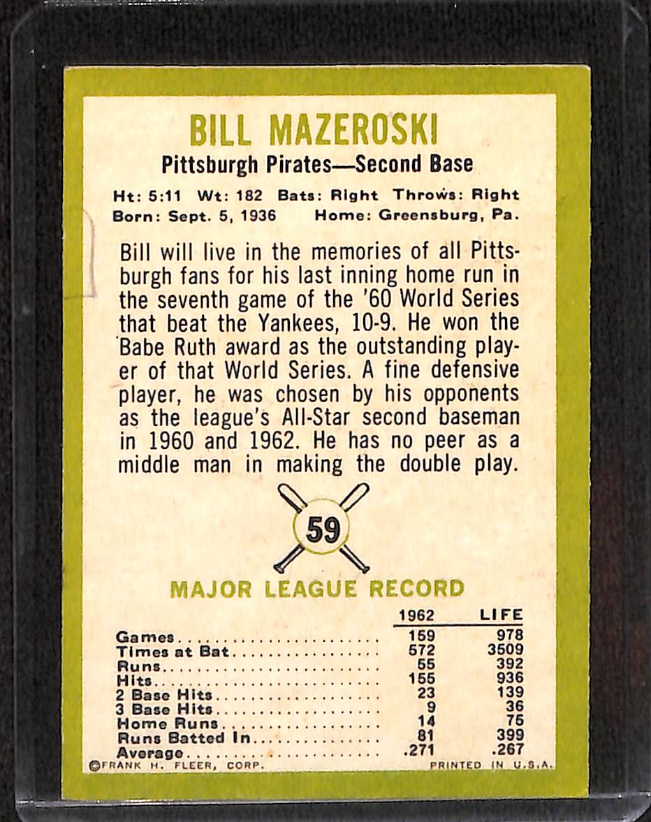 FIINR Baseball Card 1963 Fleer Bill Mazeroski Vintage Baseball Card #59 - Mint Condition