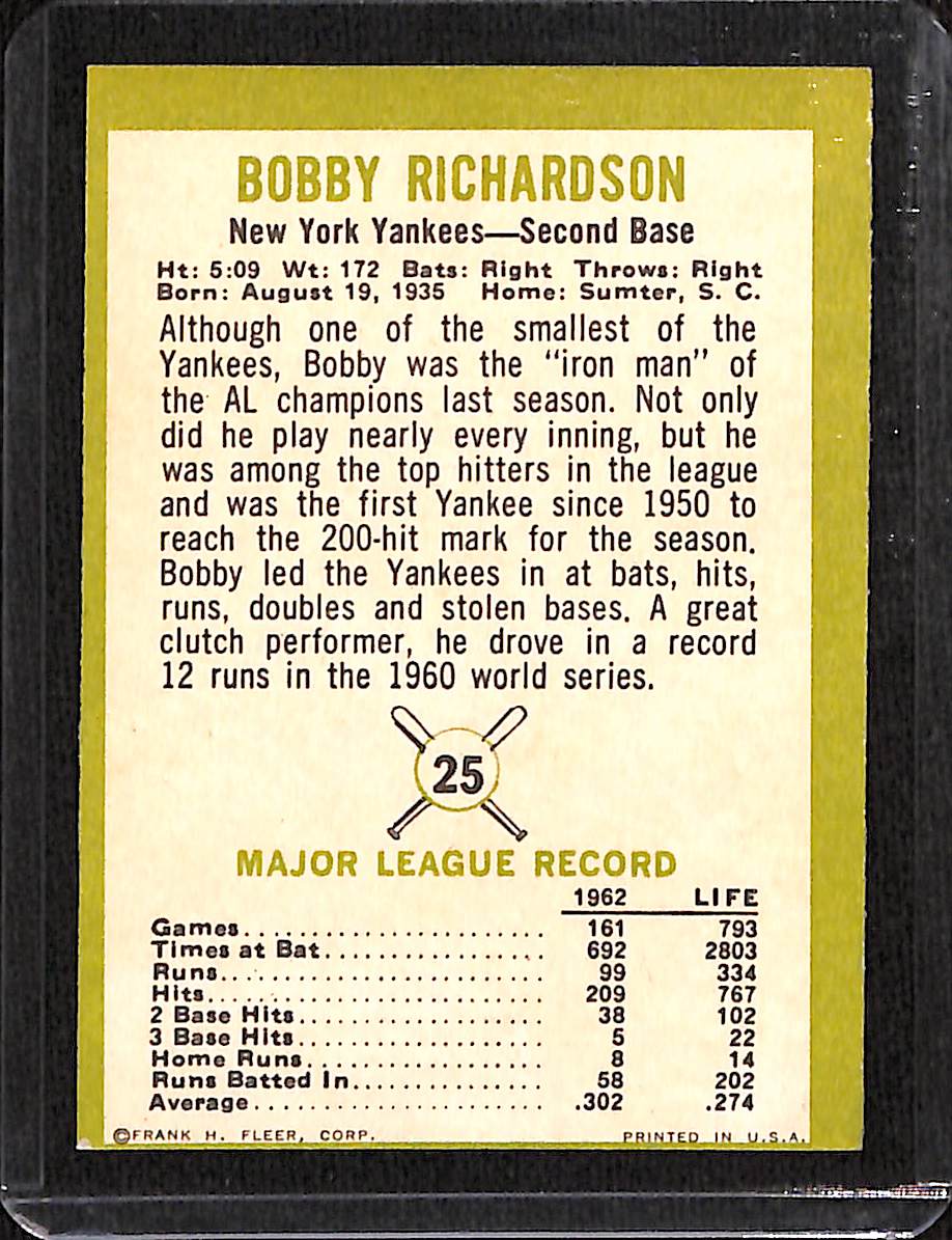 FIINR Baseball Card 1963 Fleer Bobby Richardson Vintage Baseball Card #25 - Mint Condition