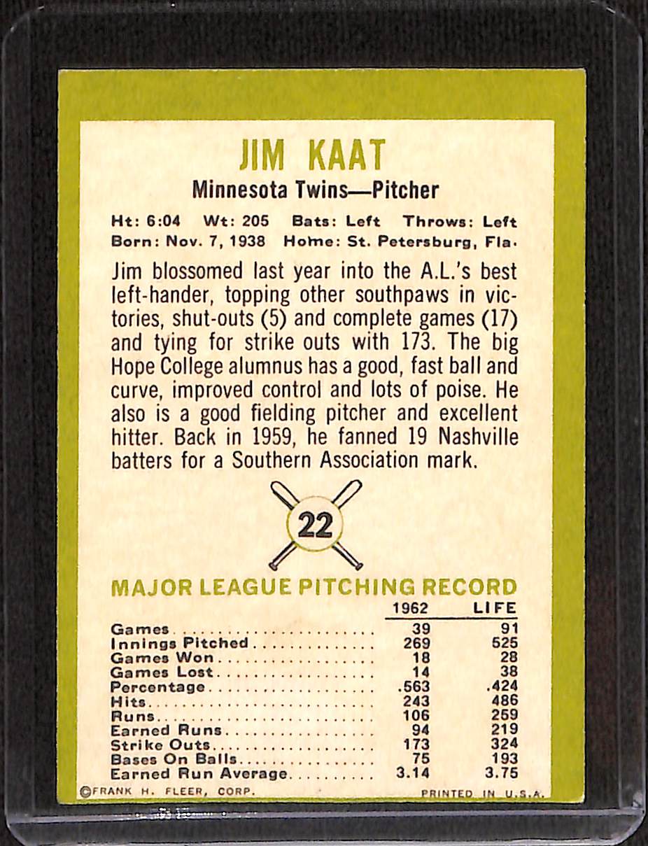 FIINR Baseball Card 1963 Fleer Jim Kaat Vintage Baseball Card #22 - Mint Condition