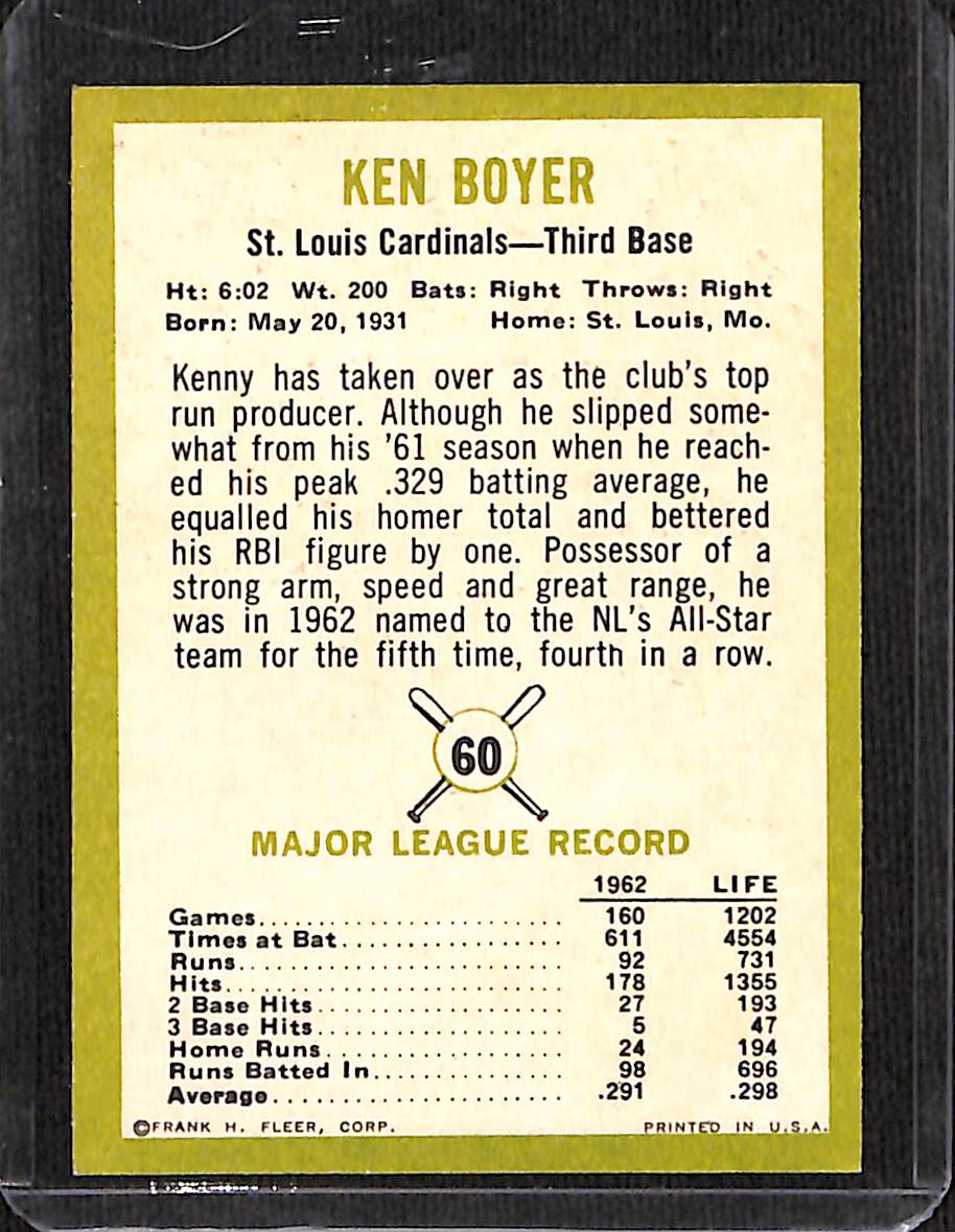 FIINR Baseball Card 1963 Fleer Ken Boyer Vintage Baseball Card #60 - Mint Condition