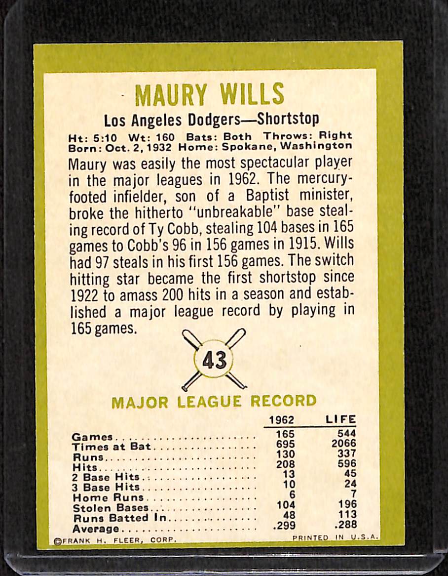 FIINR Baseball Card 1963 Fleer Maury Wills Baseball Card Brooklyn Dodgers MVP #43 - Error Card Miss Cut - Mint Condition