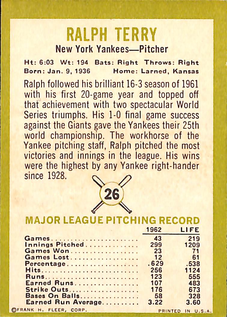 FIINR Baseball Card 1963 Fleer Ralph Terry Vintage Baseball Card #26 - Mint Condition