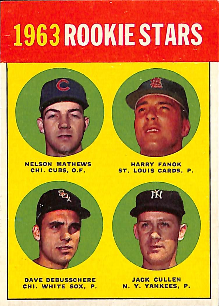 FIINR Baseball Card 1963 Rookie Stars Vintage Baseball Card - Nelson Mathews - Harry Fanok - Dave Debusschere - Jack Cullen #54 - Mint Condition