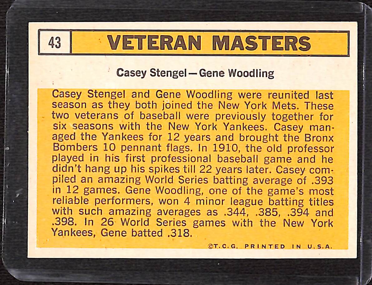 FIINR Baseball Card 1963 Topps Veteran Masters Casey Stengel - Gene Woodling Vintage Baseball Card #43- Mint Condition
