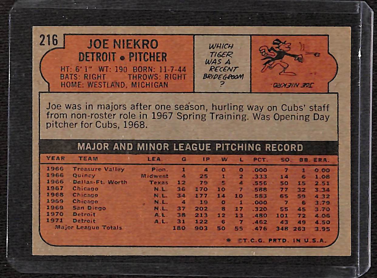 FIINR Baseball Card 1972 Joe Niekro Vintage Baseball Card #216 - Pristine - Mint Condition