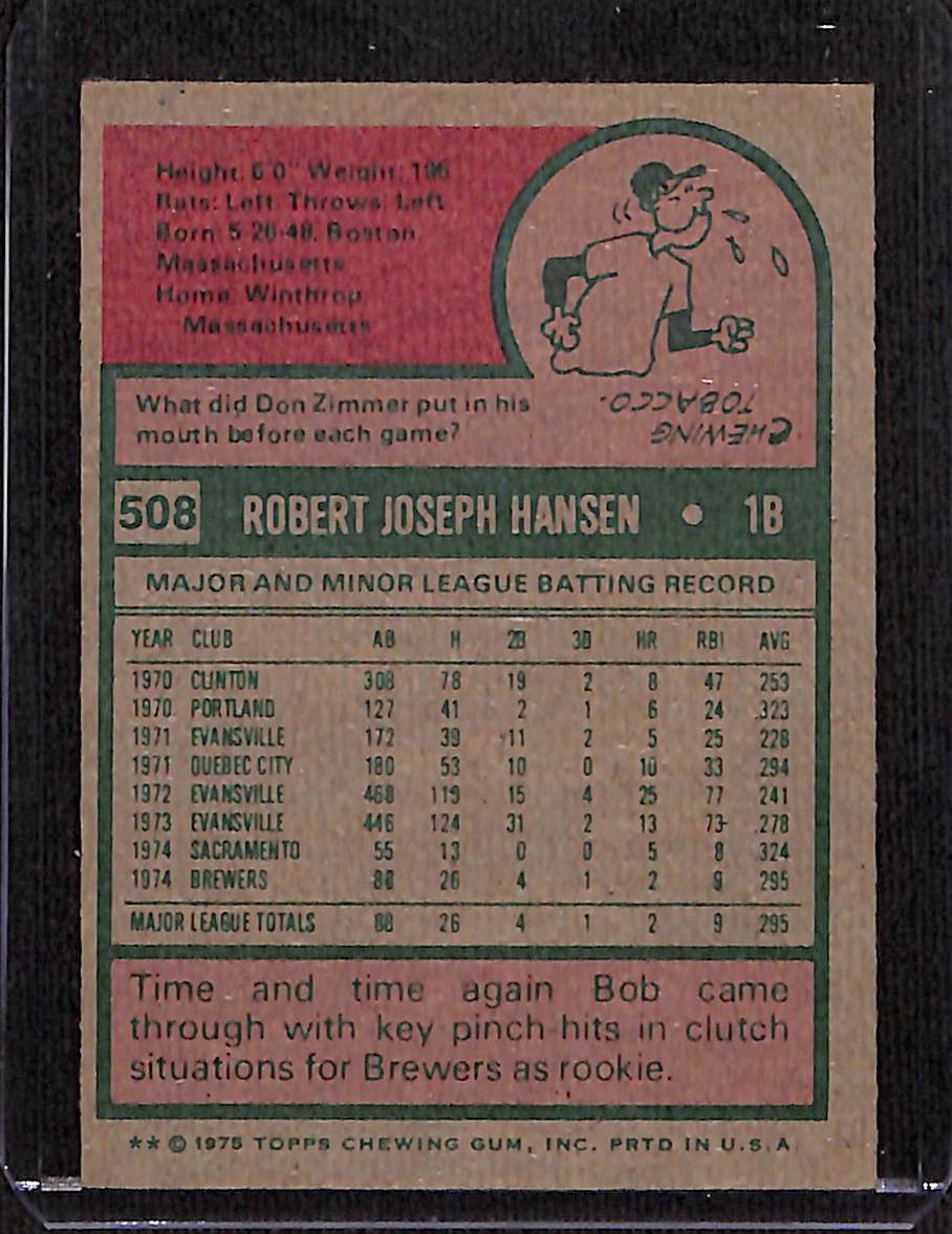 FIINR Baseball Card 1975 Topps Bob Hansen Vintage Baseball Card #508 - Pristine - Mint Condition