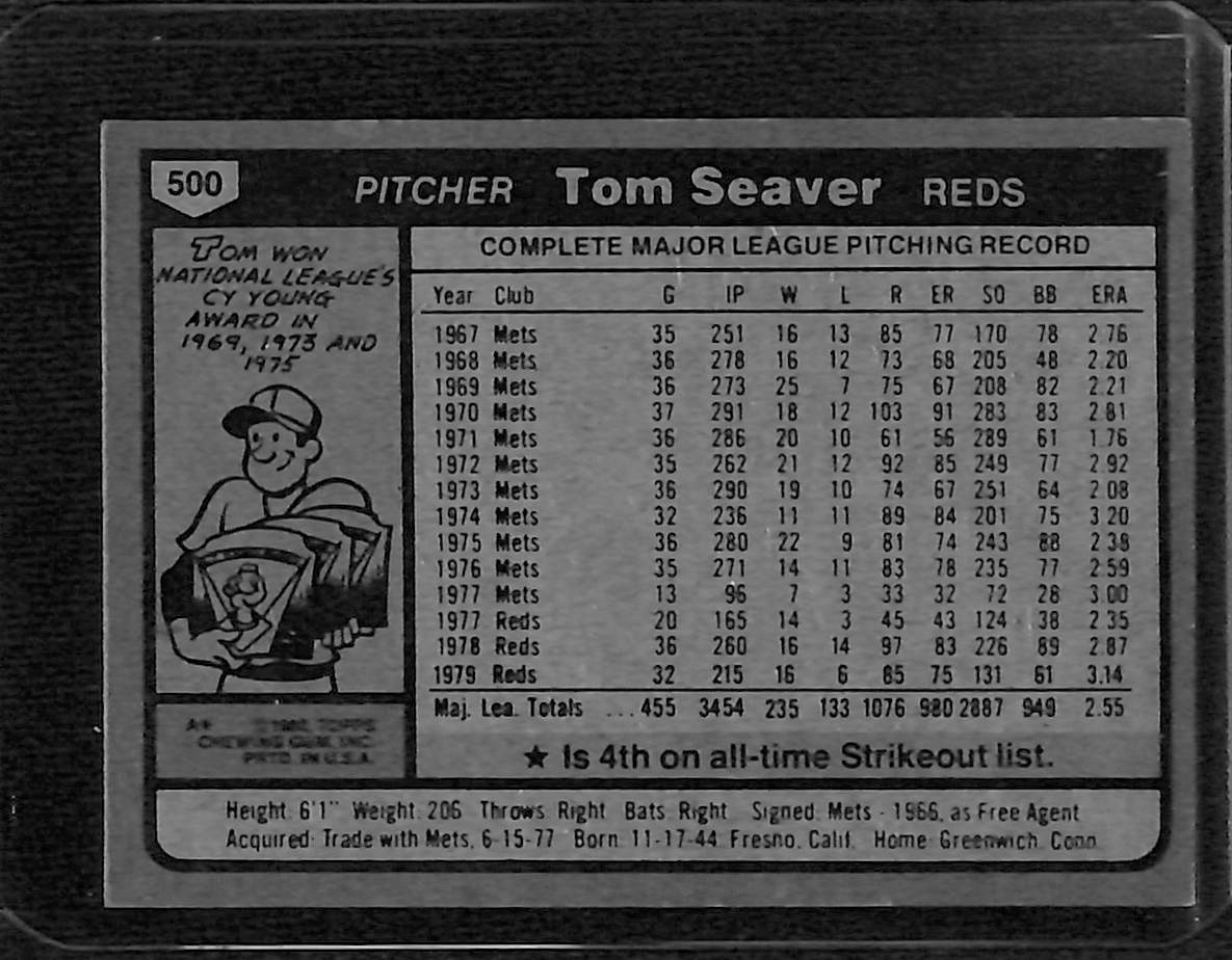 FIINR Baseball Card 1980 Topps Tom Seaver Vintage Baseball Card #500 - Mint Condition