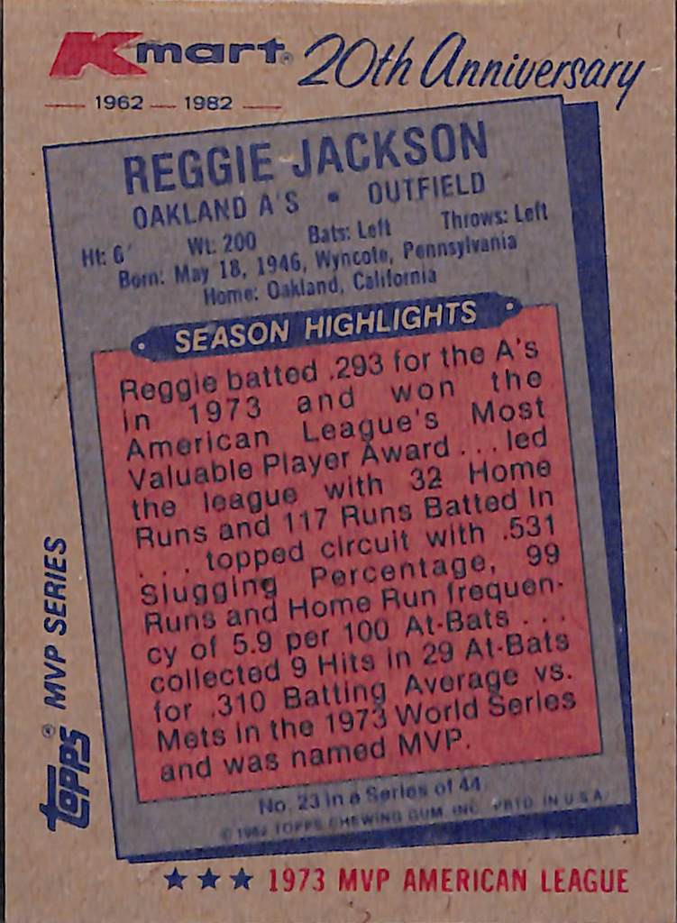 FIINR Baseball Card 1982 Topps Kmart Reggie Jackson Vintage Baseball Card #23 - Great Condition