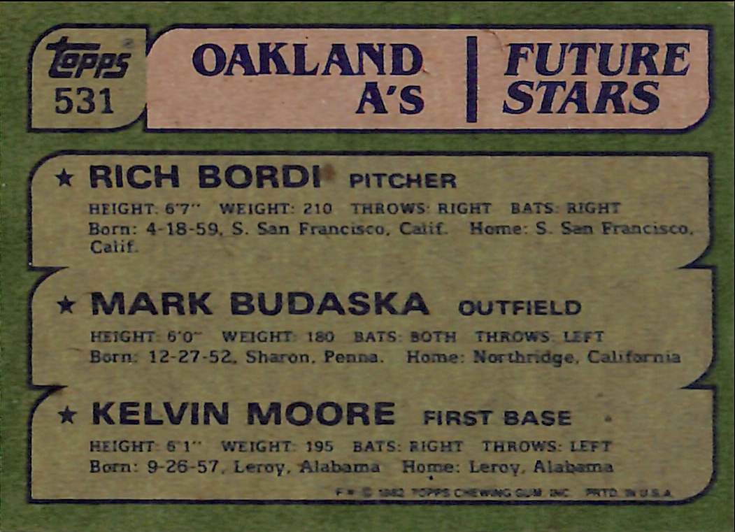 FIINR Baseball Card 1982 Topps Rich Bordi - Mark Budaska - Kelvin Moore Vintage Baseball Card #531 - Mint Condition