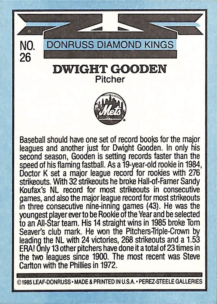 FIINR Baseball Card 1985 Donruss Diamond Kings Dwight "Doc" Gooden MLB Vintage Baseball Card #26 - Mint Condition