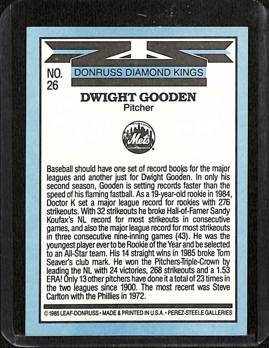 FIINR Baseball Card 1985 Donruss Diamond Kings Dwight "Doc" Gooden MLB Vintage Baseball Card #26 - Mint Condition
