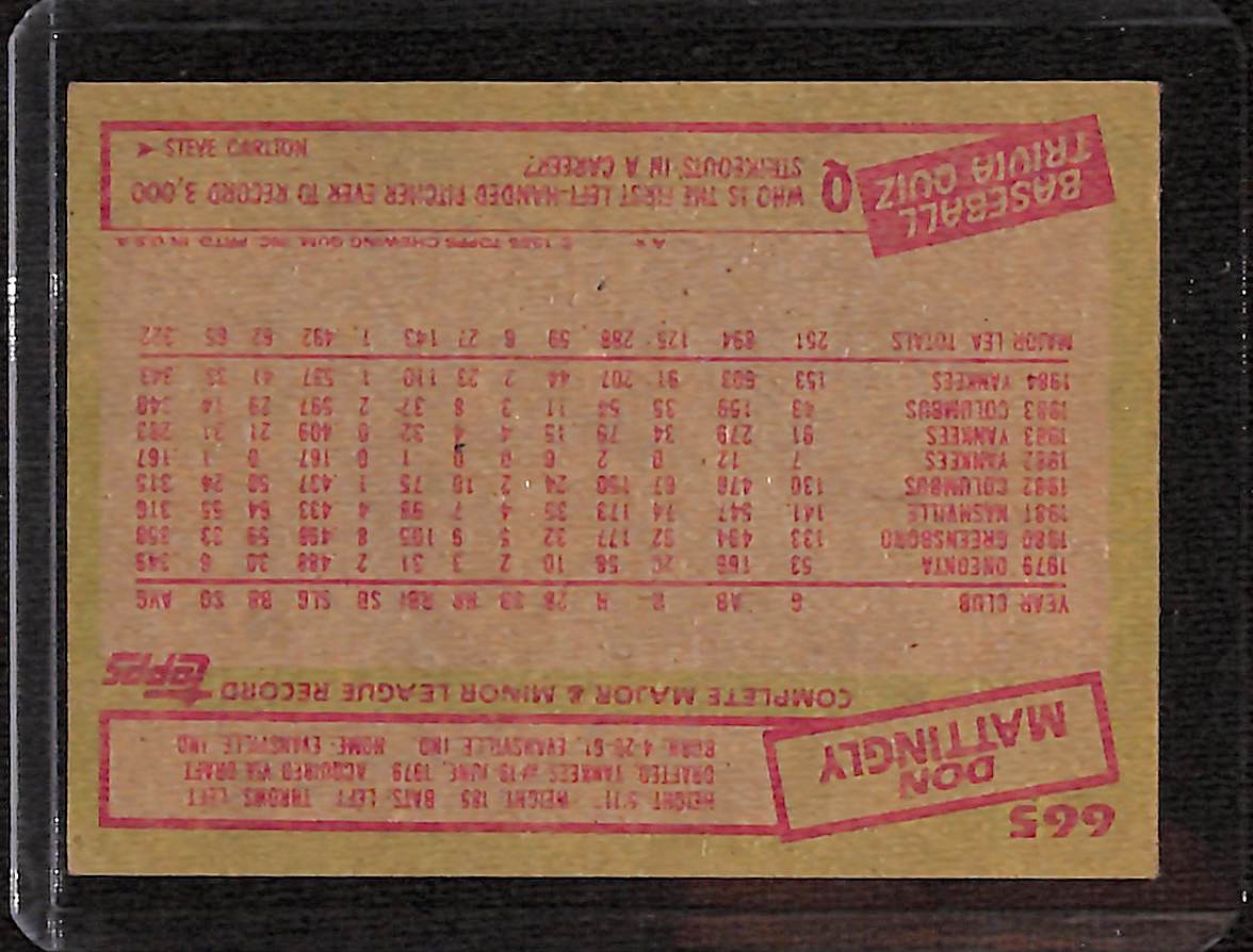 FIINR Baseball Card 1985 Topps Don Mattingly Vintage Record Breaker Baseball Card #665 - Mint Condition