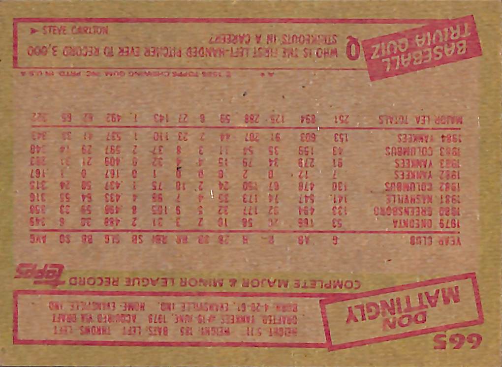 FIINR Baseball Card 1985 Topps Don Mattingly Vintage Record Breaker Baseball Card #665 - Mint Condition