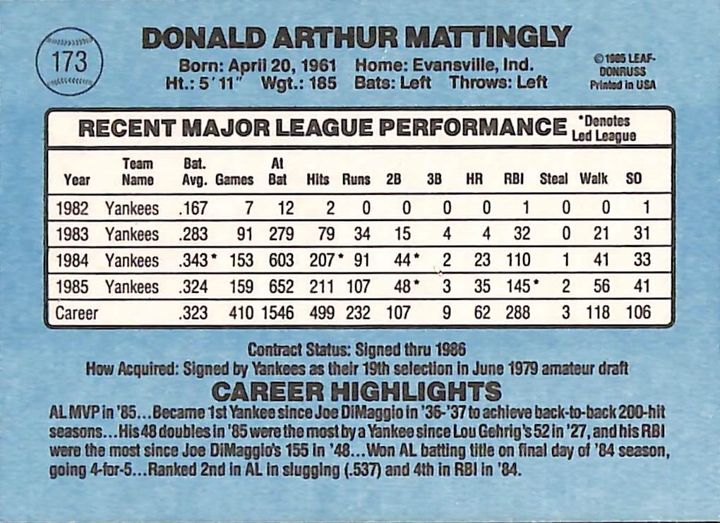 FIINR Baseball Card 1986 Donruss Don Mattingly Vintage Baseball Card #173 - Mint Condition