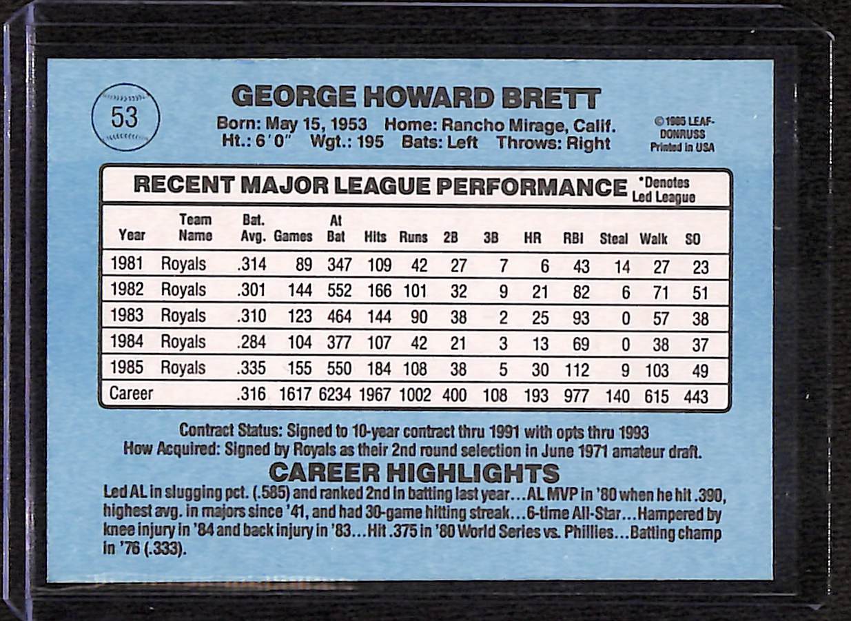 FIINR Baseball Card 1986 Donruss George Brett Vintage MLB Baseball Card #53 - Mint Condition
