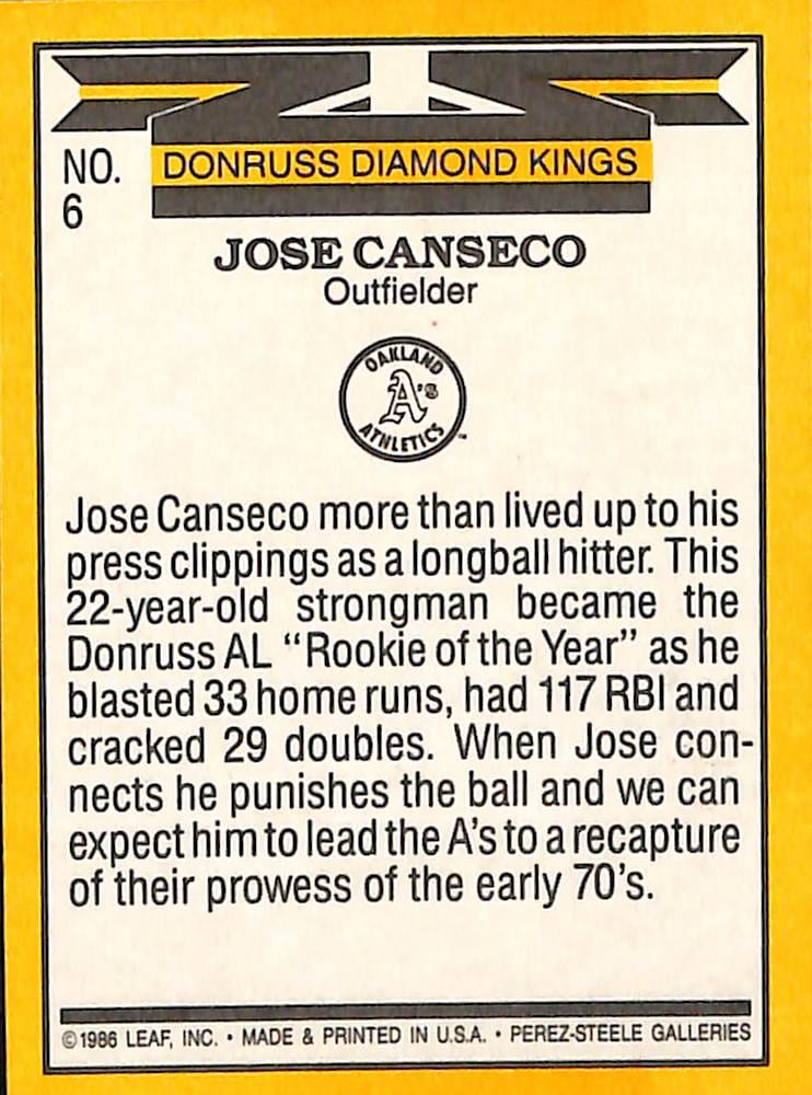 FIINR Baseball Card 1986 Donruss Jose Canseco Diamond Kings Baseball Card #6 - Mint Condition