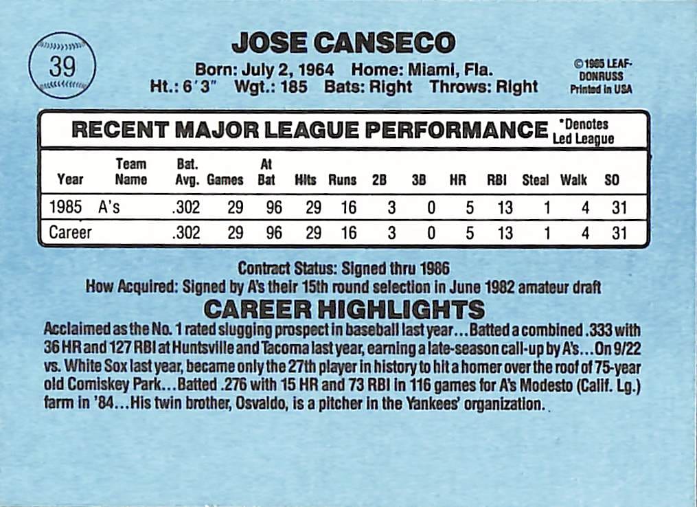 FIINR Baseball Card 1986 Donruss Jose Canseco Rookie MLB Baseball Card #39 - Rookie Cards Mint Condition