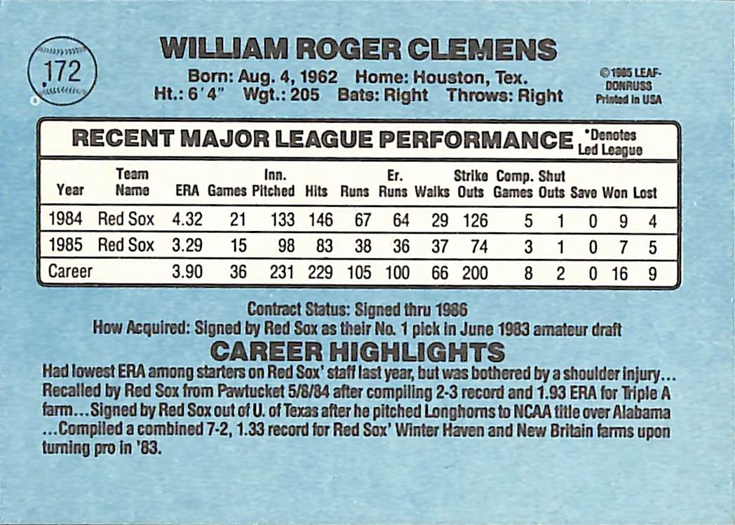 FIINR Baseball Card 1986 Donruss Roger Clemens Vintage Baseball Error Card #172 - Error Card - Mint Condition