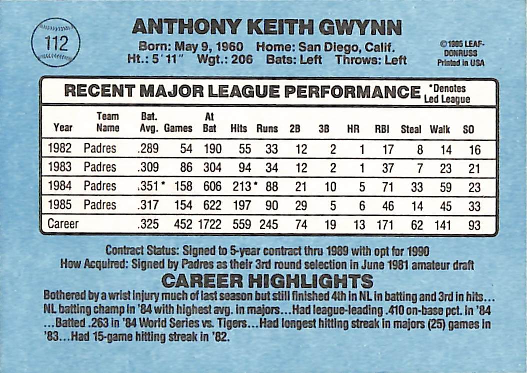 FIINR Baseball Card 1986 Donruss Tony Gwynn Vintage MLB Baseball Card #112 - Mint Condition