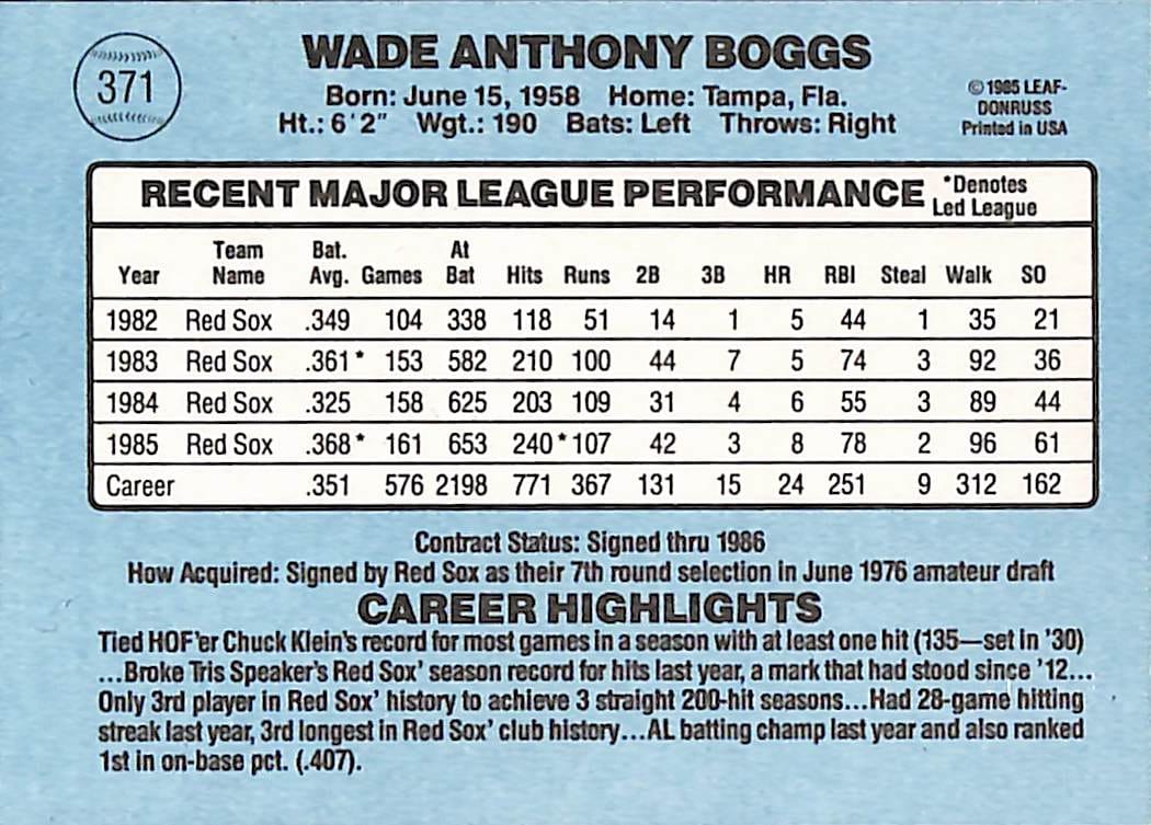 FIINR Baseball Card 1986 Donruss Wade Boggs MLB Vintage Baseball Card #371 - Mint Condition