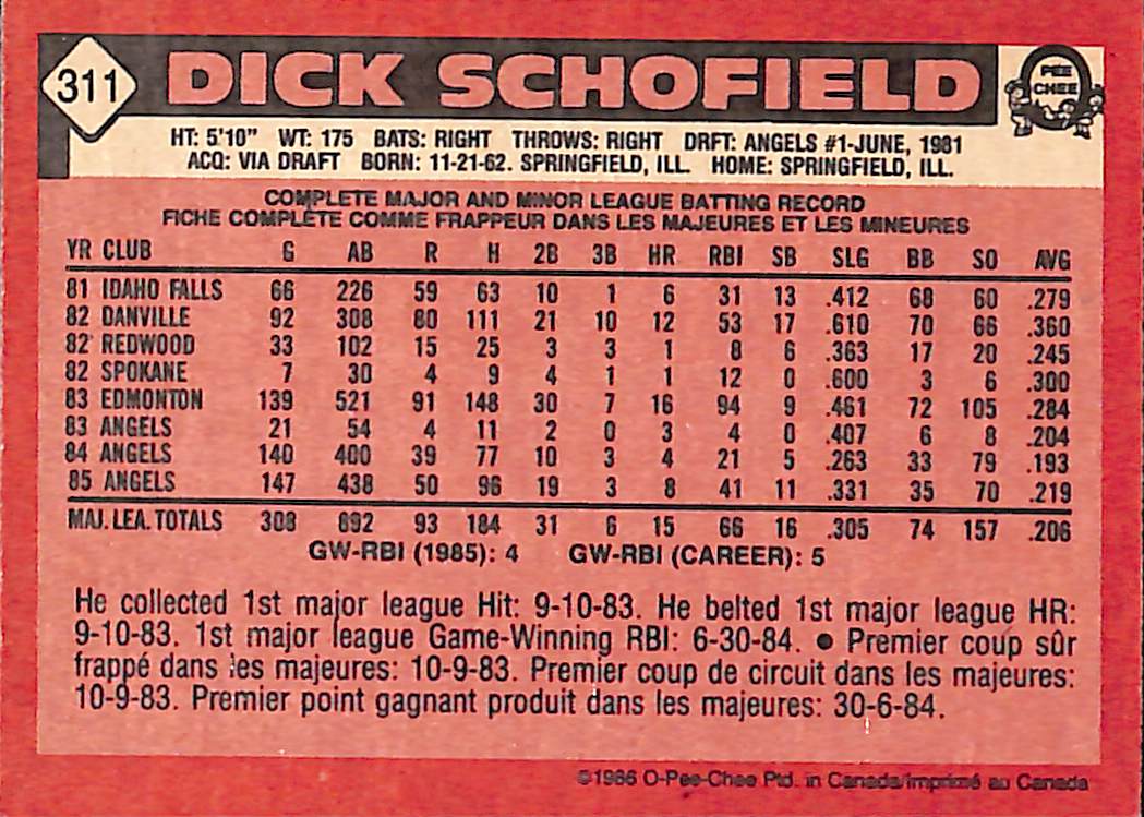 FIINR Baseball Card 1986 O-Pee-Chee Dick Schofield Vintage MLB Baseball Card #311 - Mint Condition