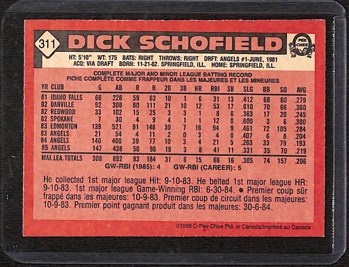 FIINR Baseball Card 1986 O-Pee-Chee Dick Schofield Vintage MLB Baseball Card #311 - Mint Condition