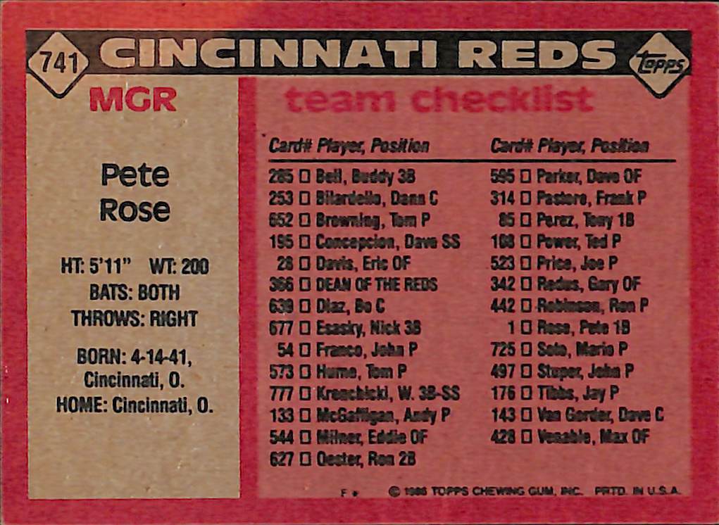 FIINR Baseball Card 1986 Topps Pete Rose Vintage Baseball Card #741 - Mint Condition
