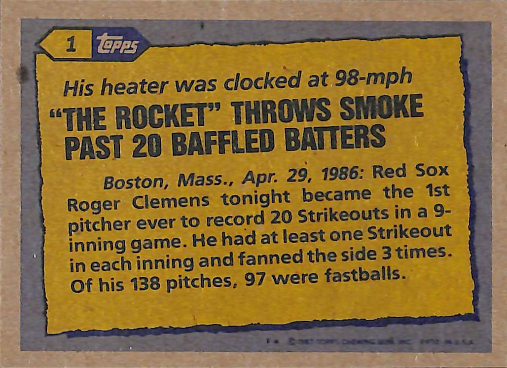 FIINR Baseball Card 1986 Topps Roger Clemens Vintage Baseball Error Card #1 - Error Card - Mint Condition