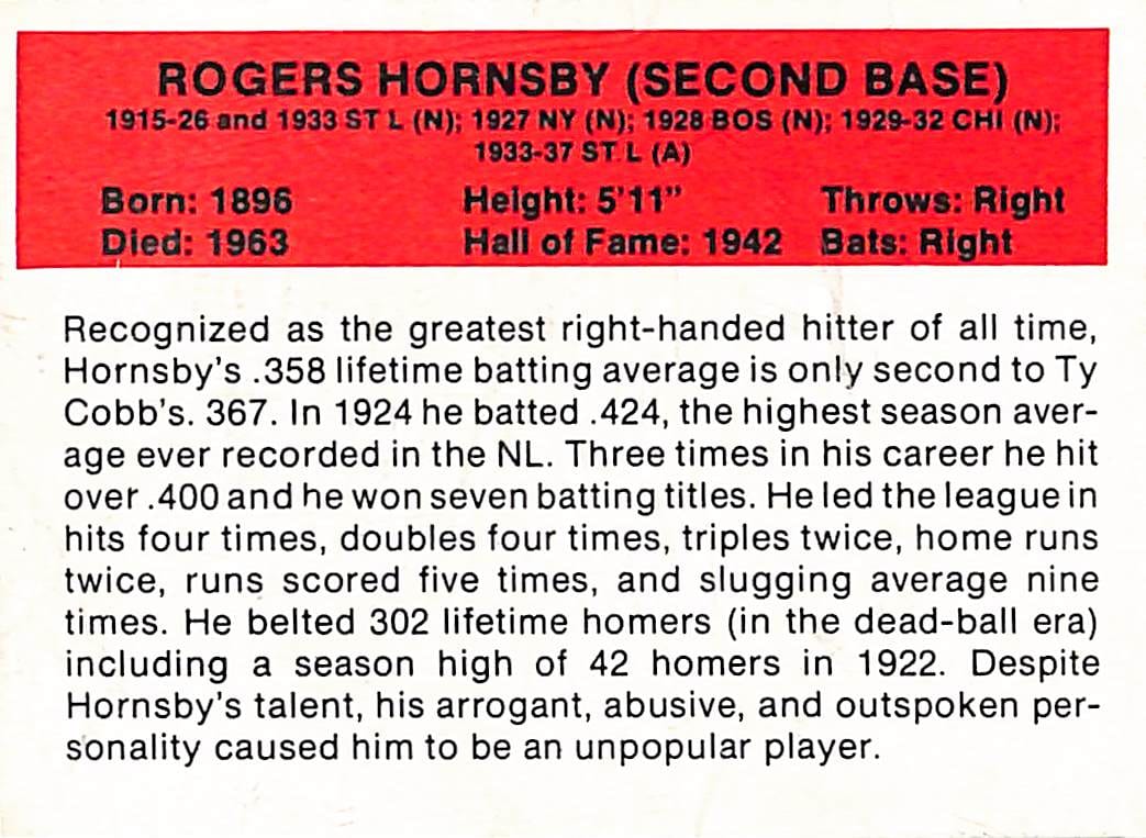 FIINR Baseball Card 1987 All-Time Greats Rogers Hornsby - Vintage - Mint Condition