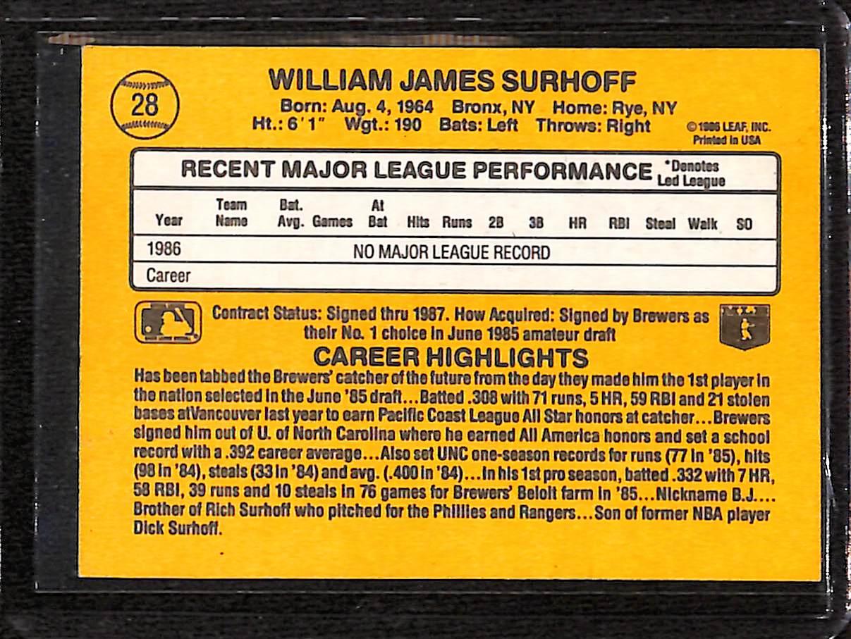 FIINR Baseball Card 1987 Donruss BJ Surhoff Rated Rookie Vintage Baseball Card #28 - Rookie Card - Mint Condition