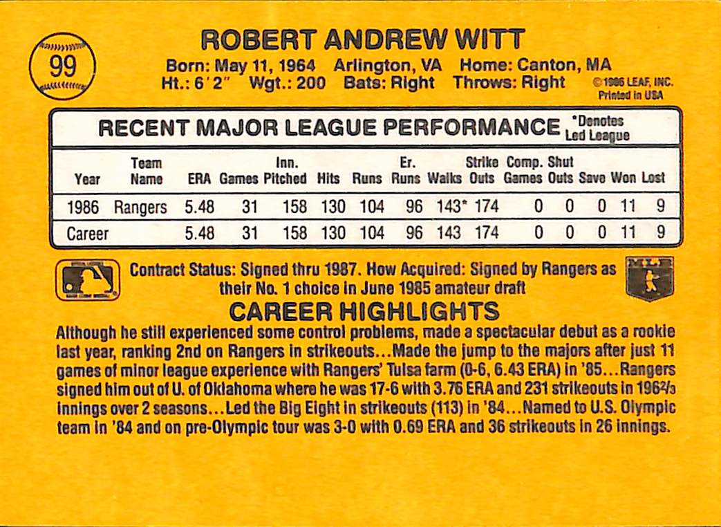 FIINR Baseball Card 1987 Donruss Bobby Witt Vintage Baseball Card #99 - Mint Condition