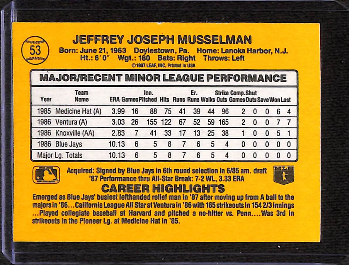 FIINR Baseball Card 1987 Donruss Jeff Musselman Vintage MLB Baseball Card #53 - Mint Condition