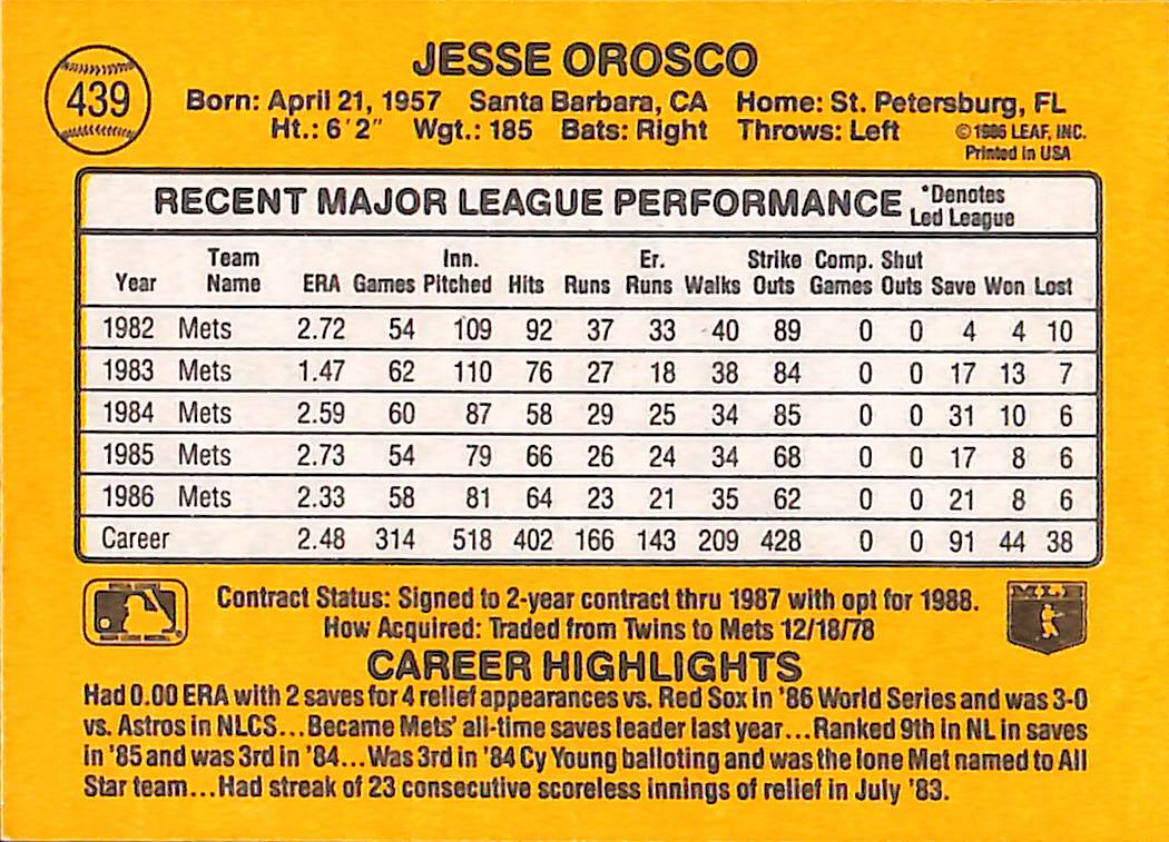 FIINR Baseball Card 1987 Donruss Jesse Orosco Vintage MLB Baseball Card #439 - Mint Condition