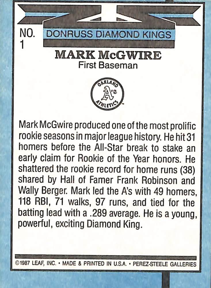 FIINR Baseball Card 1987 Donruss Mark McGwire King of Kings Rookie Baseball card #1 - Rookie Card - Mint Condition