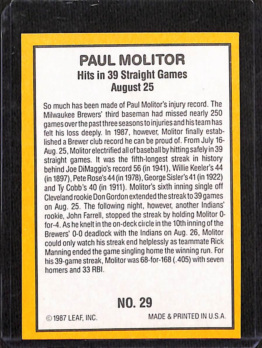 FIINR Baseball Card 1987 Donruss Paul Molitor Highlights Vintage MLB Baseball Card #29 - Mint Condition